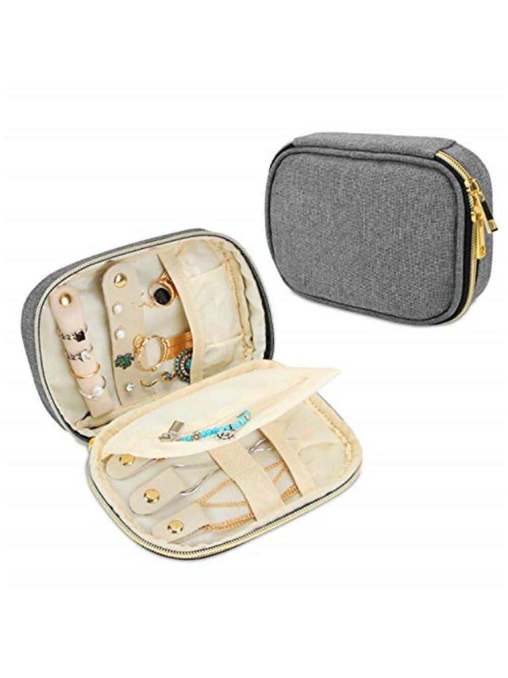 Small Gray Jewelry Travel Case Organizer Bag Necklace Ring Earring Holder Zip